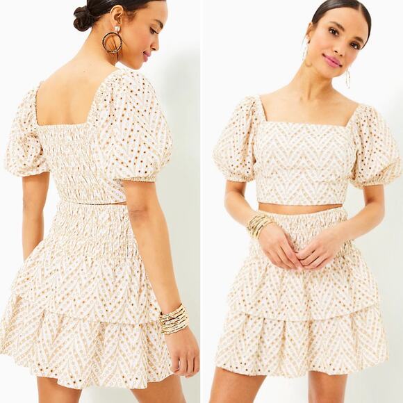 Lilly Pulitzer Yara Golden Eyelet Matching Skirt Set Size XL/16 - Picture 2 of 11